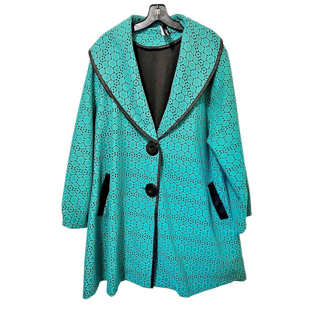 Teal Eyelet Swing Coat with Black Contrast Trim